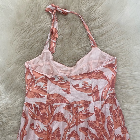 Bardot Linen Blend Pink Palm Leaf Halter Neck Flowy Tropica Midi Dress Revolve - Picture 9 of 13